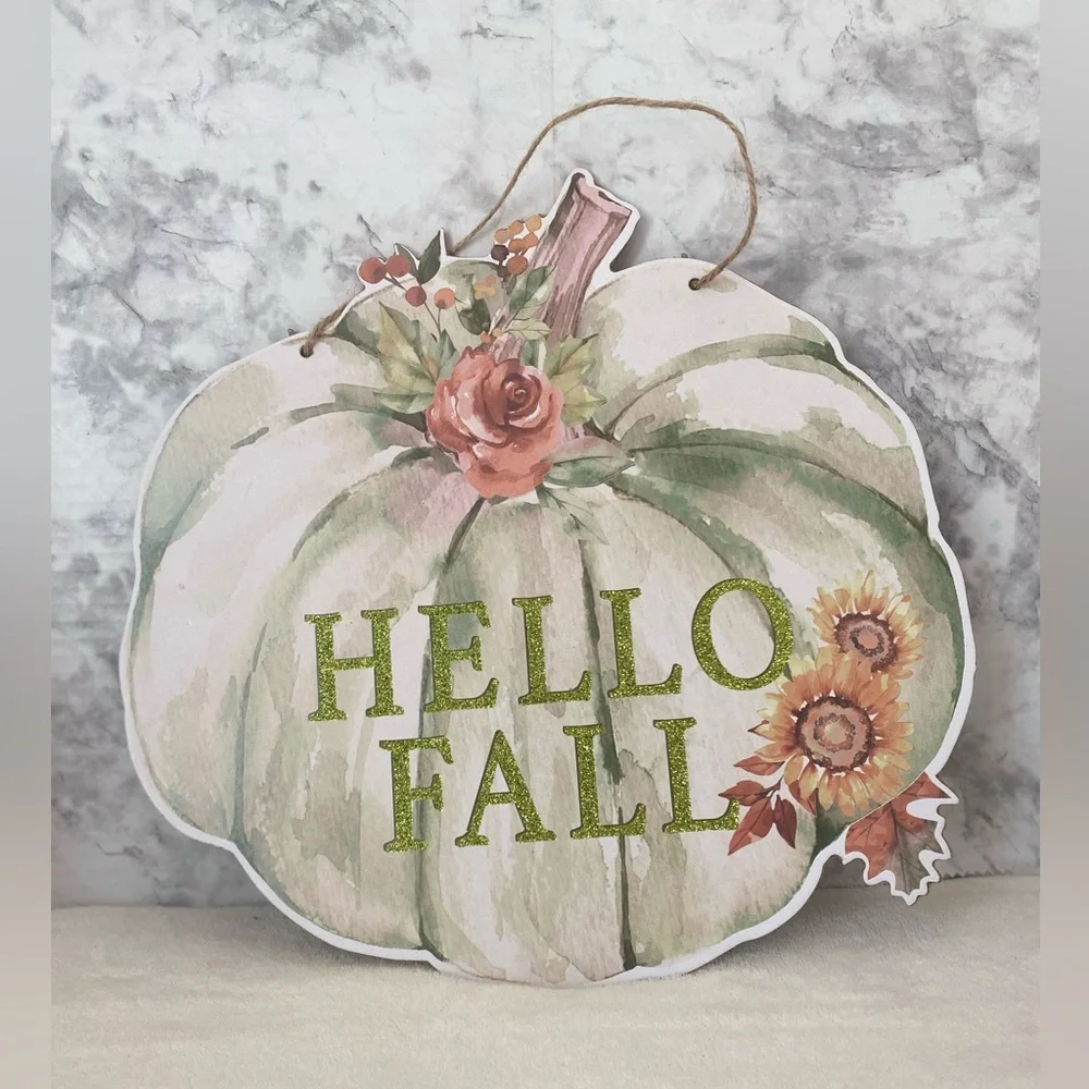 NWT Glittery Pumpkin Hello Fall Autumn Hanging Door or Wall Sign